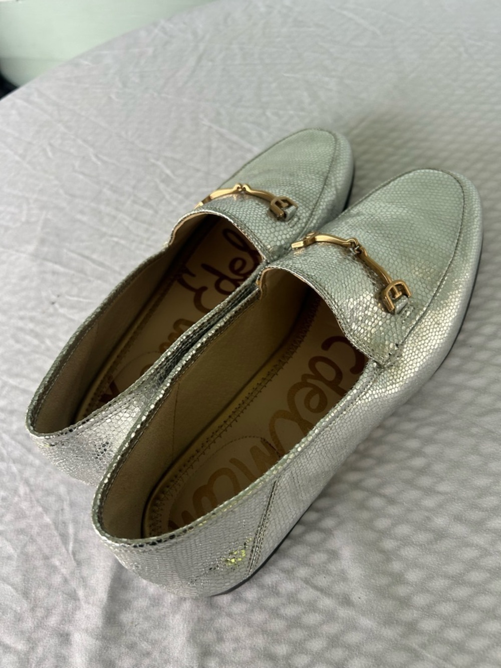 Sam Edelman Loraine Bit Shiny Soft Silver Metallic Womens Slip On Loafers Flats - Picture 10 of 11